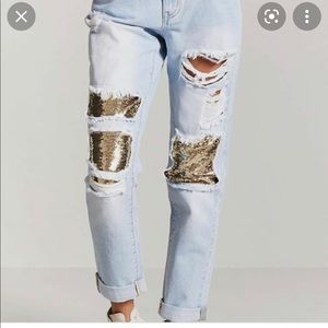 Forever 21 Gold sequin distressed jeans